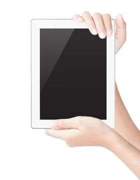 Hand hold tablet digital isolated white clipping path inside Foto stock