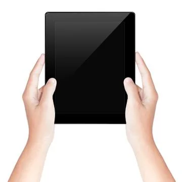 Hand hold tablet screen isolated white with clipping path inside Foto stock