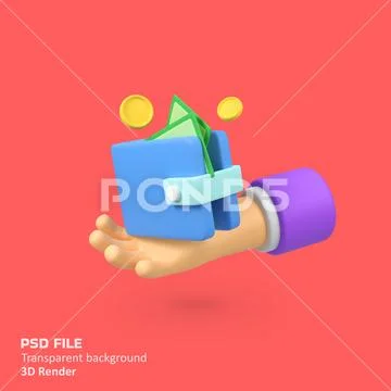 Hand hold wallet with money isolated 3d render icon illustration PSD Template