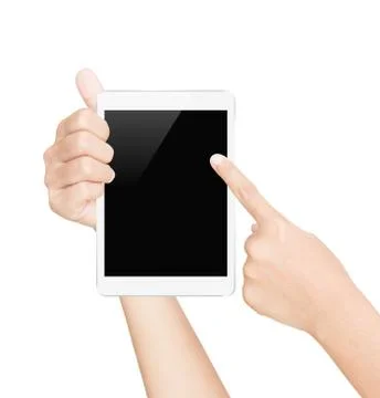 Hand hold white tablet screen isolated white with clipping path inside Stock Photos