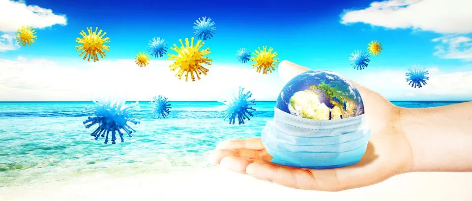 Hand hold the world with mask. Elements of this image furnished by NASA. Stock Photos