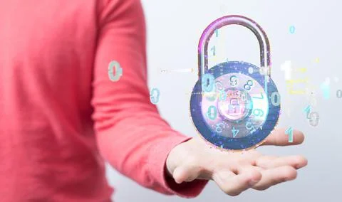 Hand holding a 3D render of a lock surrounded by binary code 写真素材