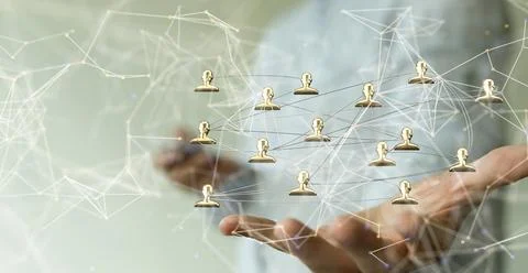 Hand holding a 3D rendered concept of digital networking and data against a whit Stock Photos