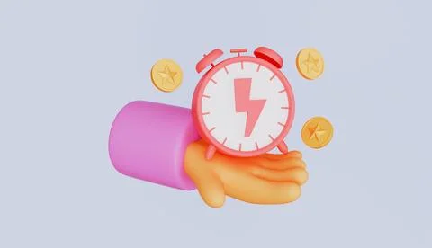 Hand holding alarm clock with floating coin, Limited business promotion off Stock Illustration