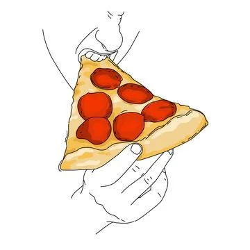A hand holding and bite a slice of delicious paperone pizza issolated on white Ilustração Stock