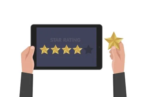Hand holding and pointing to a tablet with five star on the screen. Rating .. 库存插图