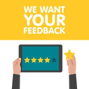 Hand holding and pointing to a tablet with five star on the screen. Rating .. 库存插图