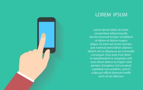 Hand holding and touch on black smartphone with blank blue screen. Vector Stock Illustration