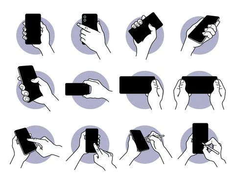Hand holding and using smart phone with black blank screen icon set. Vector i Illustrazione stock