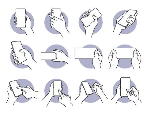 Hand holding and using smart phone with white blank screen icon set. Vector i Illustrazione stock