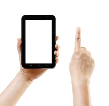 Hand holding android tablet like ipad with blank screen space  for text, graphic Stock Photos