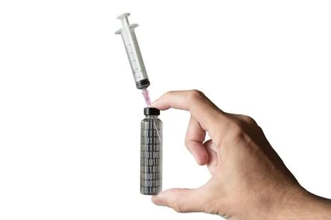Hand holding antivirus binary code ampoule with syringe isolated Stockfoto's