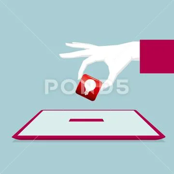 Hand holding app icon, install to tablet.Isolated on blue background ...