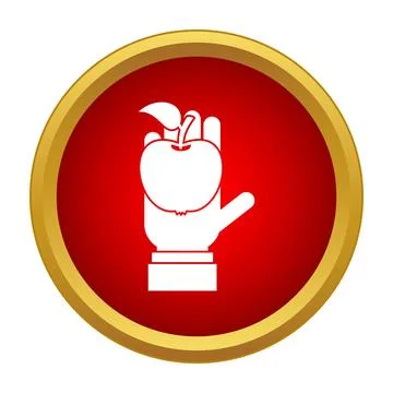 Hand holding an apple inside a red and gold circle Stock Illustration