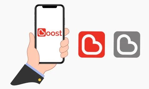 Hand holding Apple iPhone with Boost mobile application on its screen. For il Stock Illustration