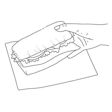 A hand holding a bacon and vegetable sandwich on a paper for lunch coloring page Stock Illustration