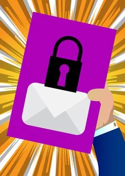 Hand holding banner with encrypted E-Mail sign on paper. Man showing billboar Stock Illustration