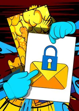 Hand holding banner with encrypted E-Mail sign on paper. Man showing billboar Stock Illustration
