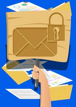 Hand holding banner with encrypted E-Mail sign on paper. Man showing billboar Stock Illustration