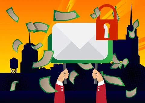 Hand holding banner with encrypted E-Mail sign on paper. Man showing billboar Stock Illustration