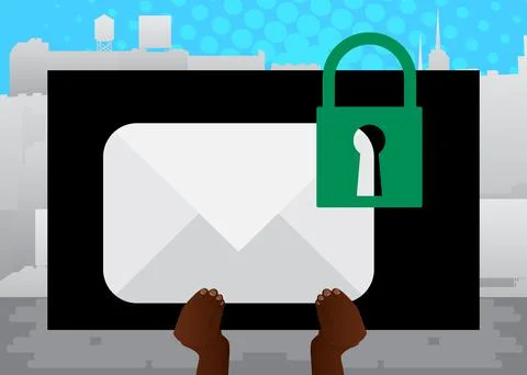 Hand holding banner with encrypted E-Mail sign on paper. Man showing billboar Stock Illustration