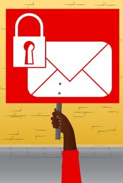 Hand holding banner with encrypted E-Mail sign on paper. Man showing billboar Stock Illustration