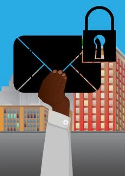 Hand holding banner with encrypted E-Mail sign on paper. Man showing billboar Stock Illustration