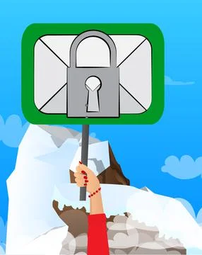 Hand holding banner with encrypted E-Mail sign on paper. Man showing billboar Stock Illustration