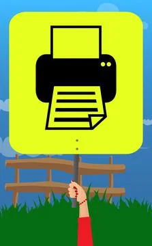 Hand holding banner with Printer sign, icon. Showing billboard. Printing busi Stock Illustration