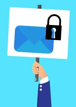 Hand holding up a banner with Sending encrypted E-Mail protection blue secure Stock Illustration