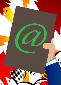 Hand holding up a banner with At sign, E-Mail, mail internet symbol. Man show Illustrazione stock