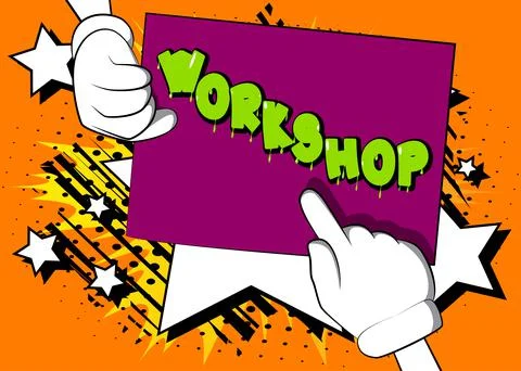Hand holding banner with Workshop text on sign, paper. Man showing billboard. Stock Illustration