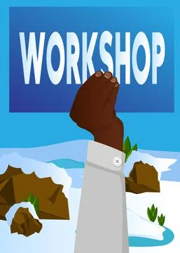 Hand holding banner with Workshop text on sign, paper. Man showing billboard. Stock Illustration