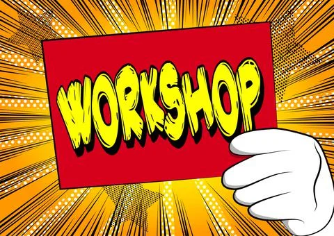 Hand holding banner with Workshop text on sign, paper. Man showing billboard. Stock Illustration