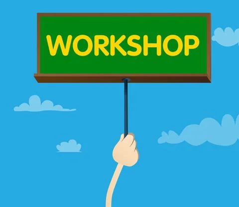 Hand holding banner with Workshop text on sign, paper. Man showing billboard. Stock Illustration