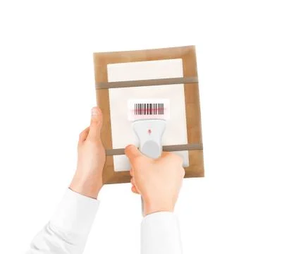 Hand holding bar code scanner and package bag isolated. Stock Photos