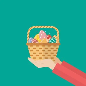 Hand holding basket with easter eggs Stock Illustration