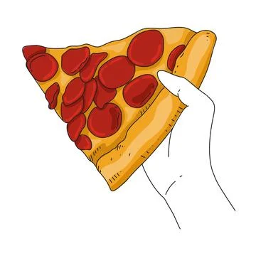 Hand holding a big one slice of pizza with pepperoni on it. Fast food illustrati Ilustração Stock