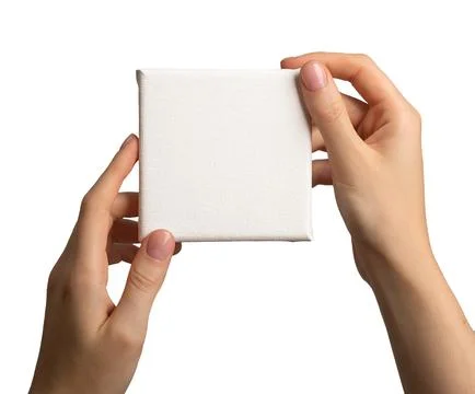 Hand holding blank empty white canvas mock up of square shape, isolated on .. Stock Photos