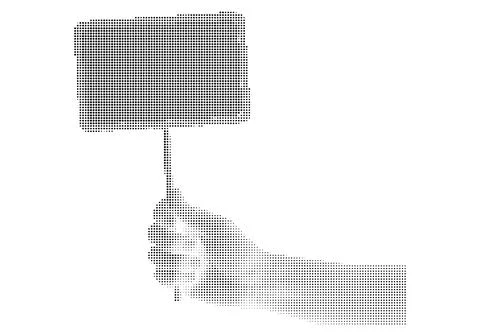 Hand holding blank rectangular protest sign halftone illustration for socia.. Illustrazione stock