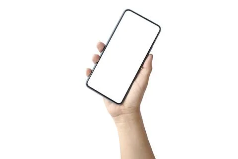 Hand holding a blank screen smartphone isolated on white background with th.. Stock Photos