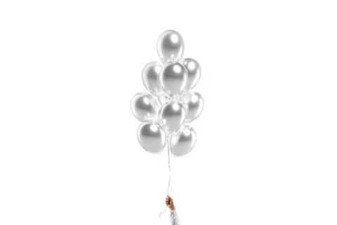 Hand holding blank silver round balloon bouquet mockup, isolated Stock Illustration