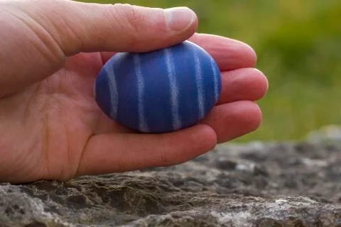 Hand holding blue colored Easter egg Stock Photos