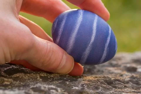 Hand holding blue colored Easter egg Stock Photos