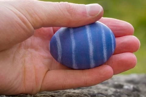 Hand holding blue colored Easter egg Stock Photos