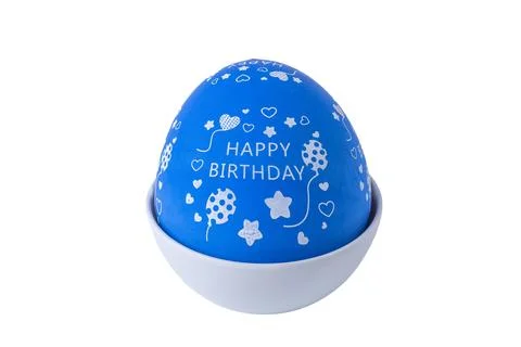Hand holding a blue egg shaped kitchen timer isolated on white background Stock Photos