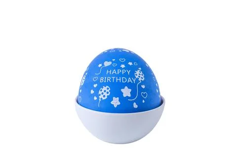 Hand holding a blue egg shaped kitchen timer isolated on white background Stock Photos