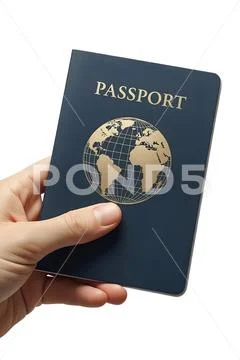 Hand holding blue passport with world map emblem PSD Template