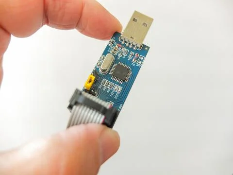 Hand holding a blue USB microcircuit electronic board programmer with ribbon  Stock Photos