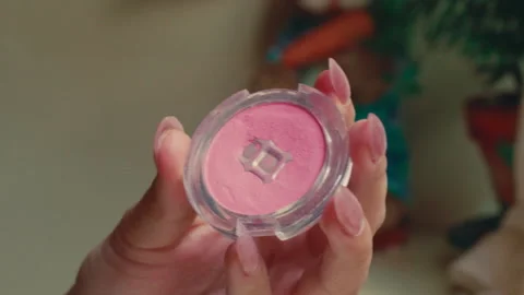 A Hand Holding a Blush Applicator Prepares to Apply it to the Face of a Bear at Video stock 298109779